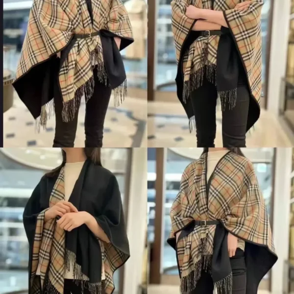 New Double-Faced Checked Cashmere Cape Size: 130x150cm
